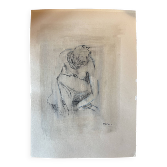 Painting signed charcoal portrait of crouching woman