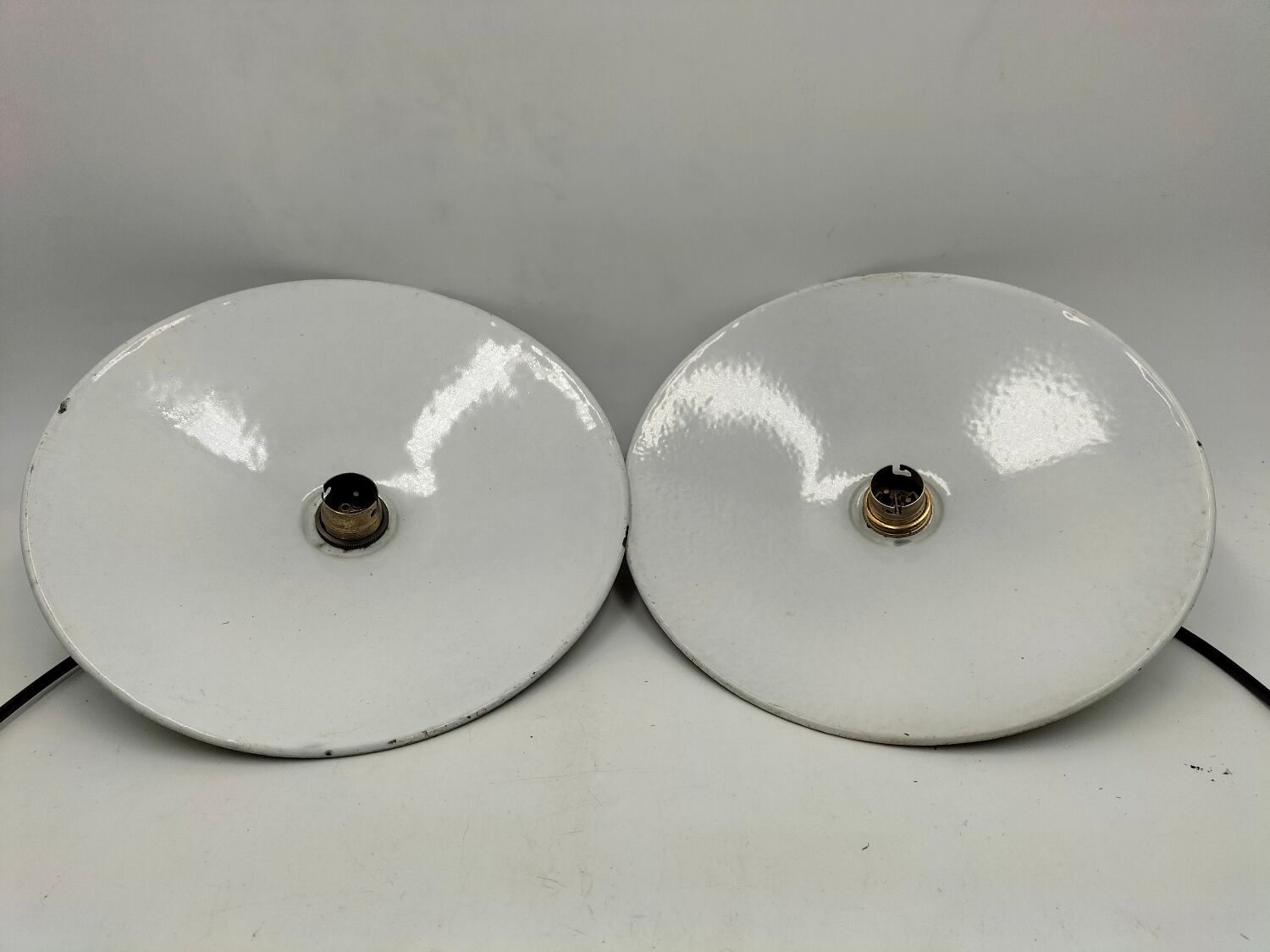 Pair of enamelled metal pendant lights
