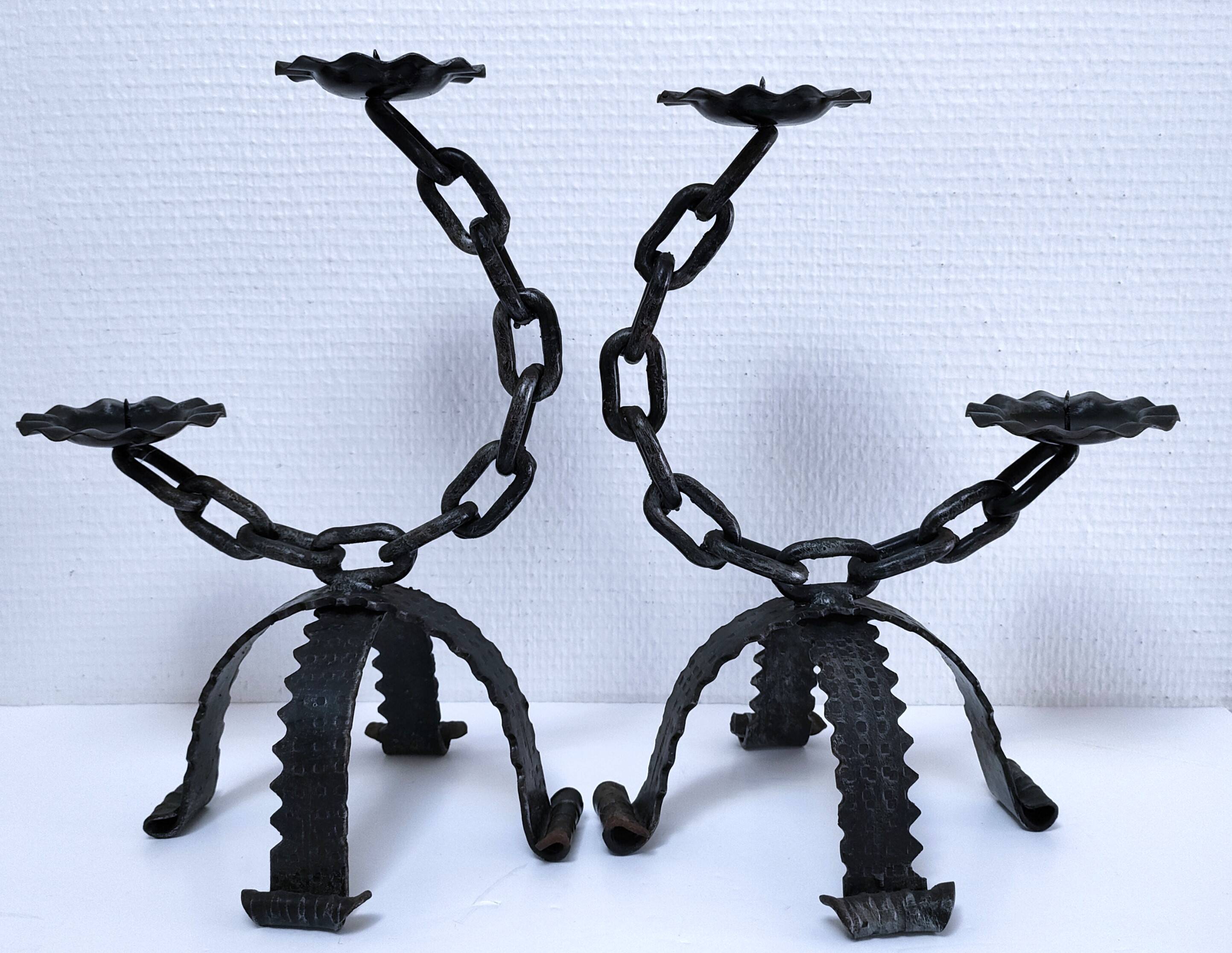 Pair of brutalist 60s metal chain candle holders