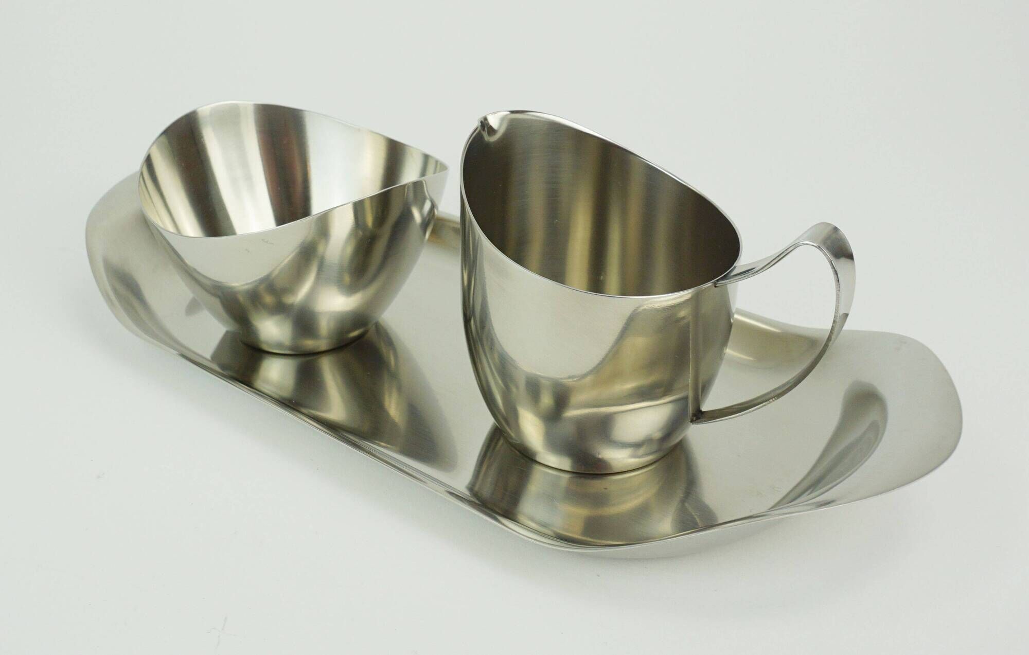 Danish 3-piece set sugar bowl creamer and tray stainless steel