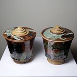 A pair of vintage stoneware pots from the 80s-90s with a Japanese style, signed handmade pottery.