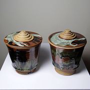 A pair of vintage stoneware pots from the 80s-90s with a Japanese style, signed handmade pottery.