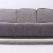 Three-seater Art Deco style sofa in grey fabric and curved wood.