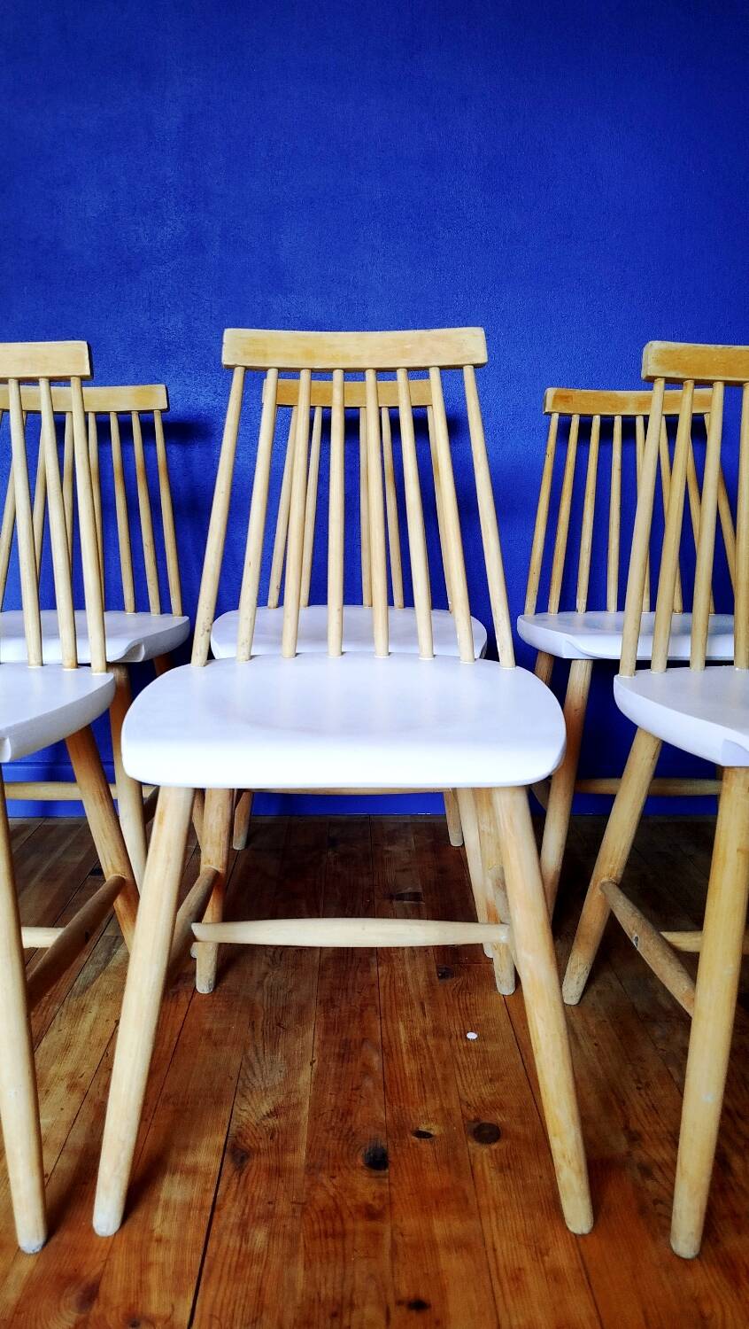 6 vintage wooden and white chairs