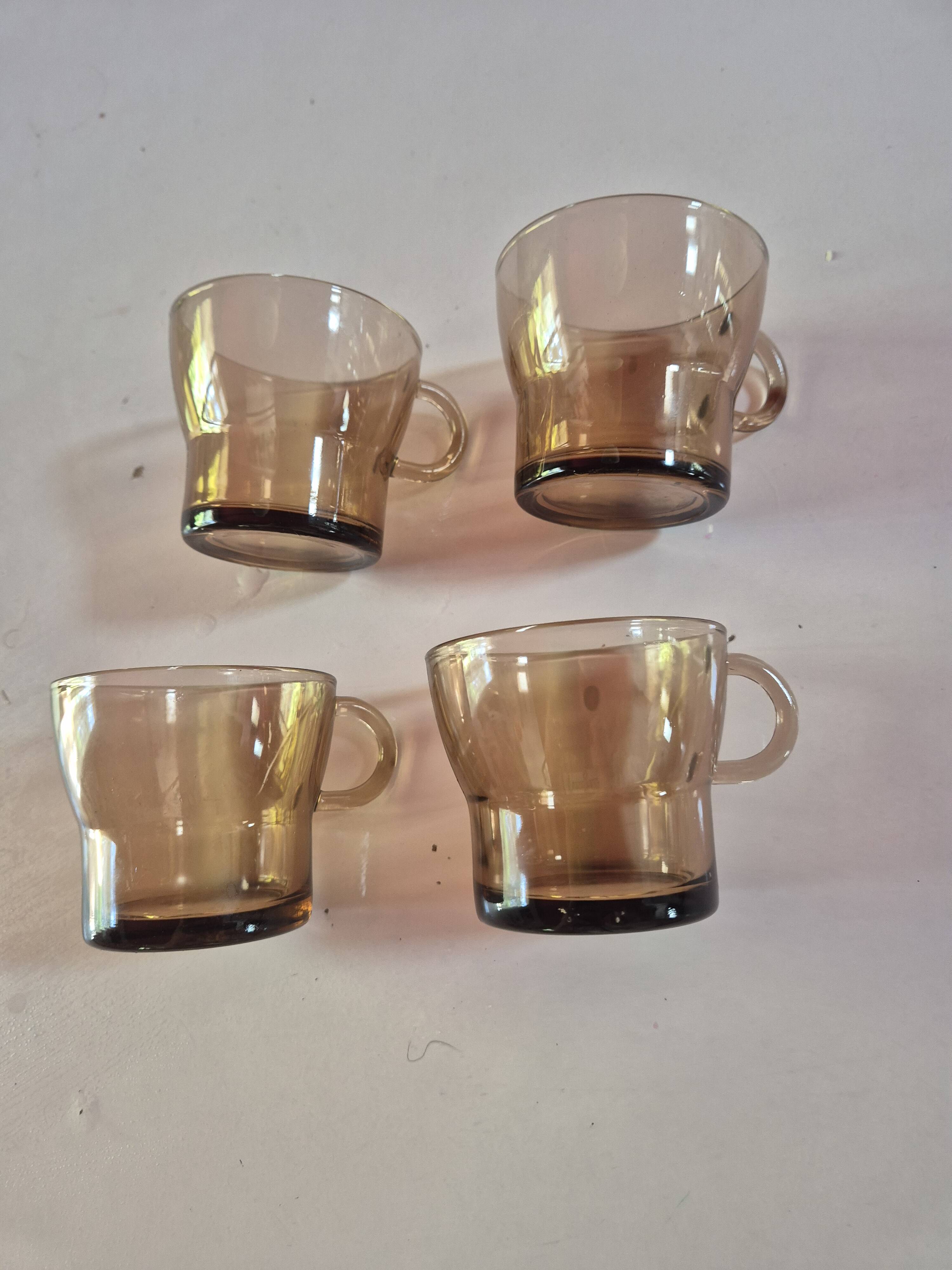 set of 4 vintage brown smoked glass cups with handles