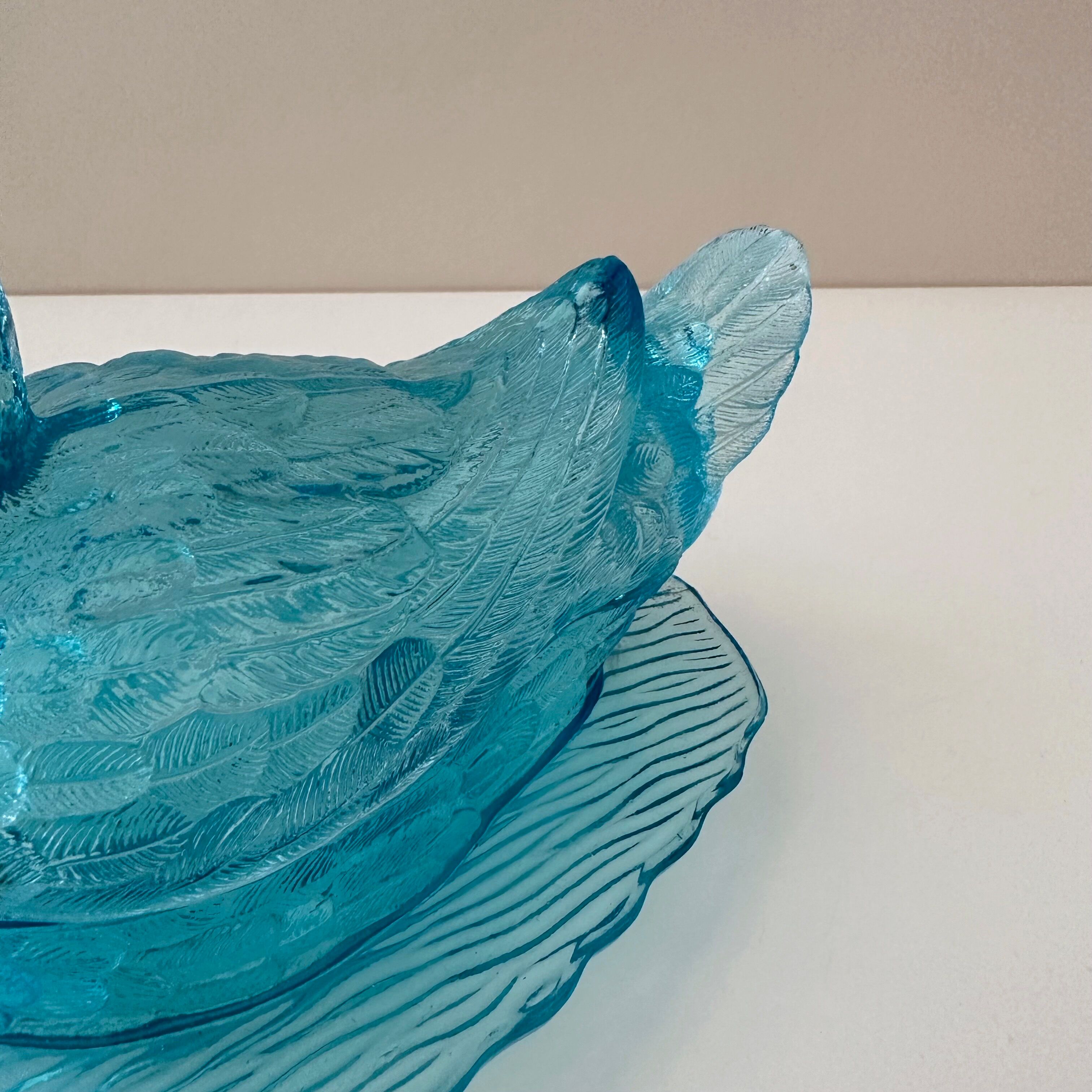 Art Deco glass duck, pressed glass turquoise, butter dish