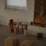 French mid-century cube poufs, a pair of lambswool stools, 1960s.
