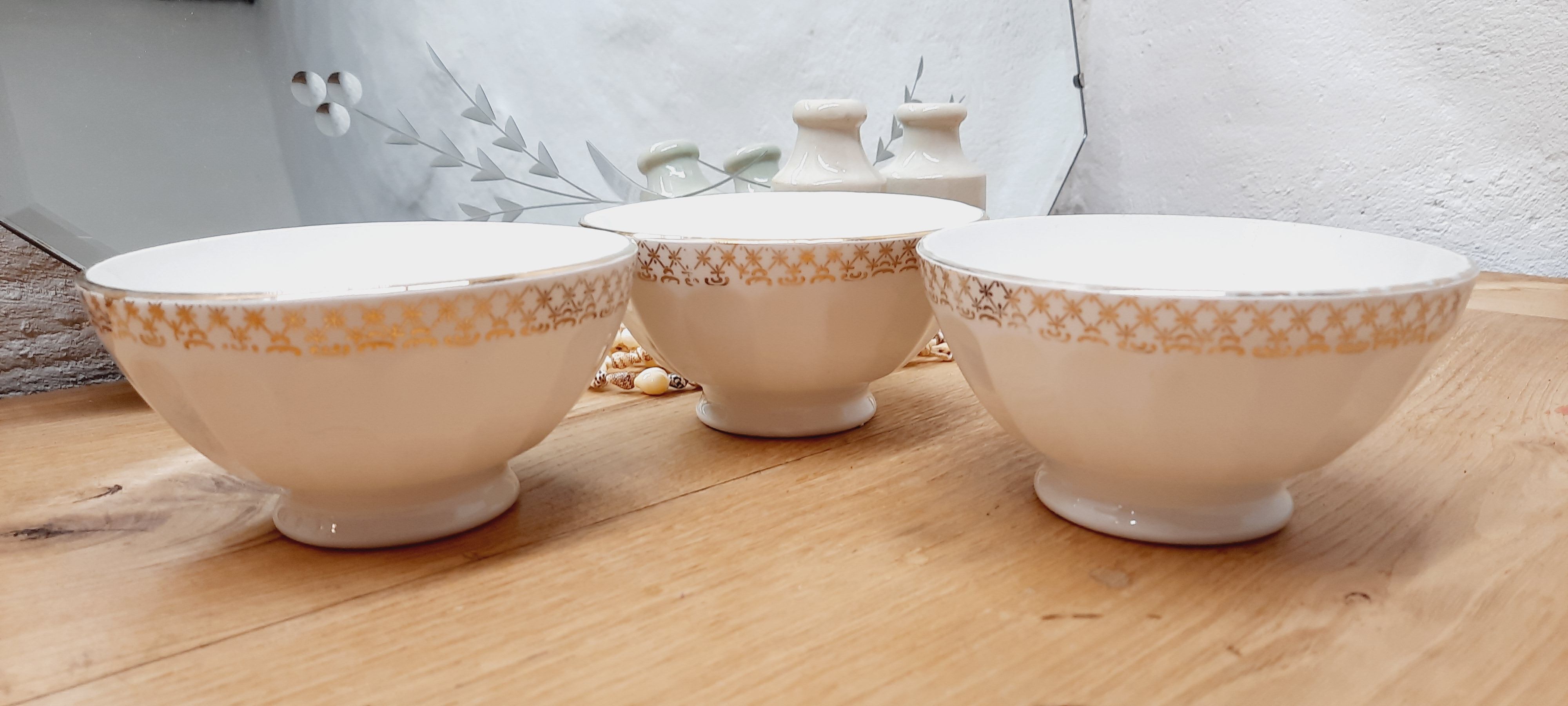Set 3 bols faience blanc et or