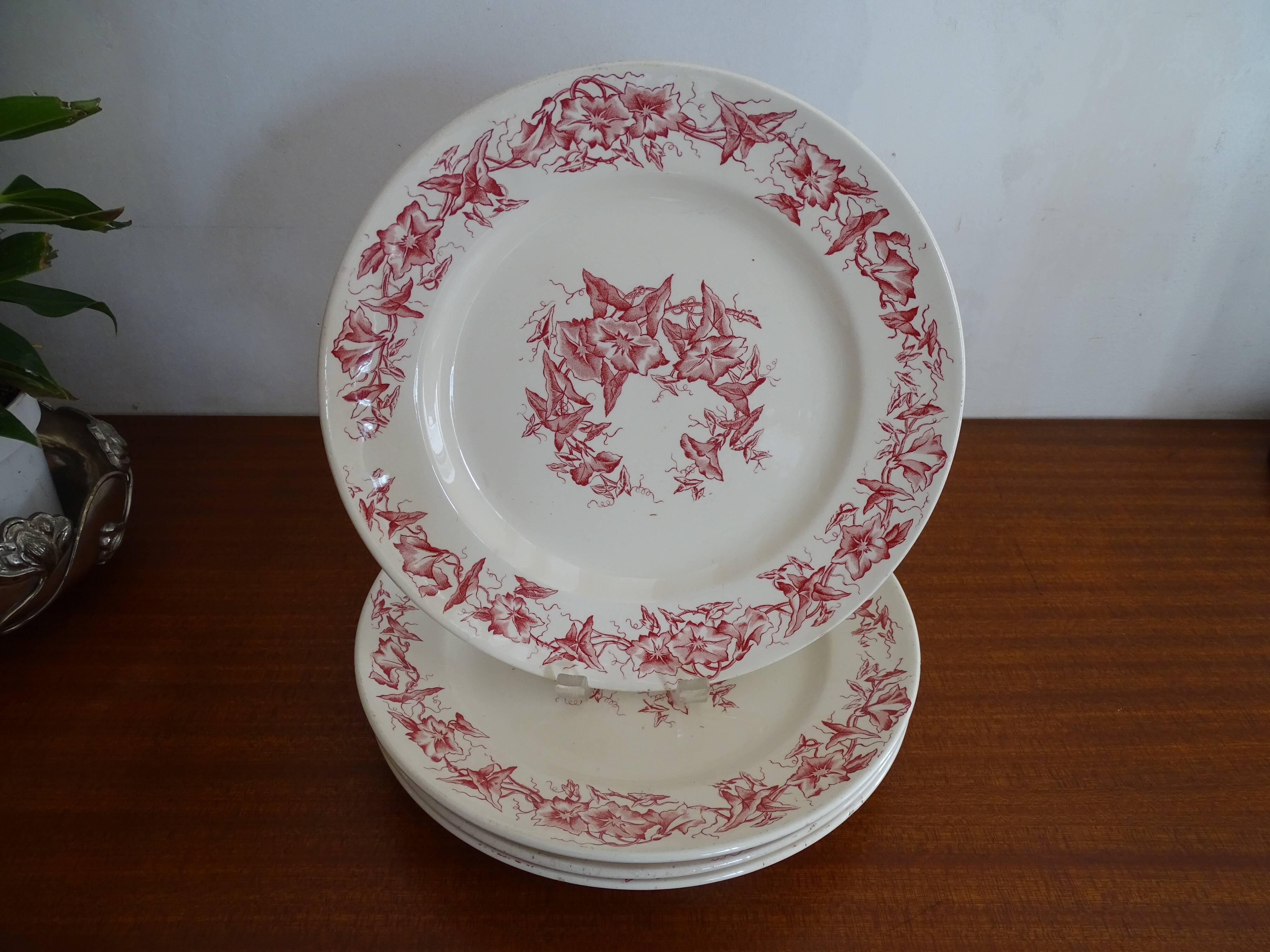 4 old faience plates Lonchamps a fleurs - Lierons - Terre de fer
