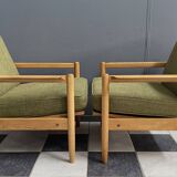 ensemble de fauteuils en tissu vert et bois années 1960
