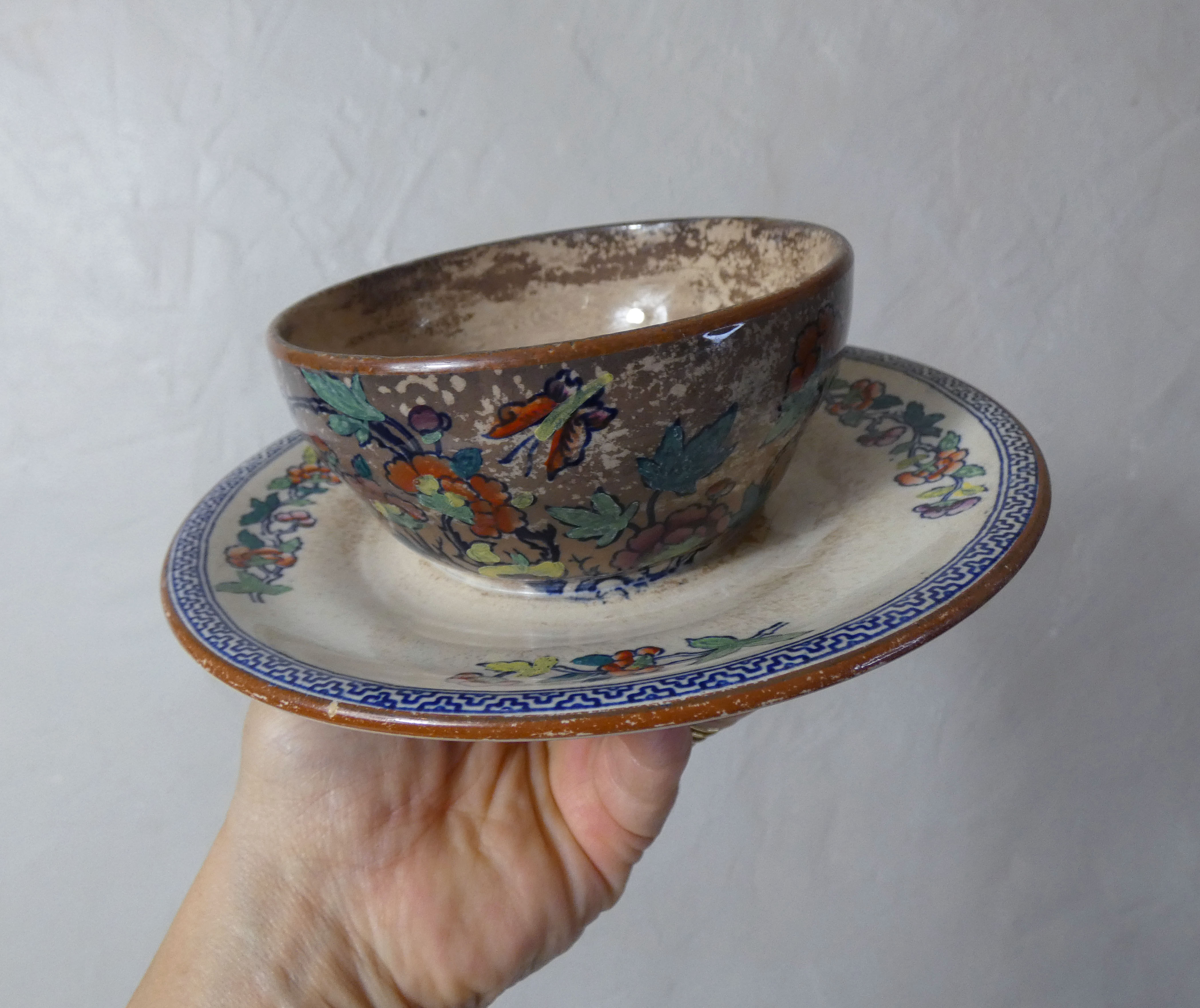 Sarreguemines old bowl with polychrome faience tray model NIPPON