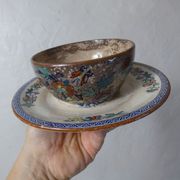 Sarreguemines old bowl with polychrome faience tray model NIPPON