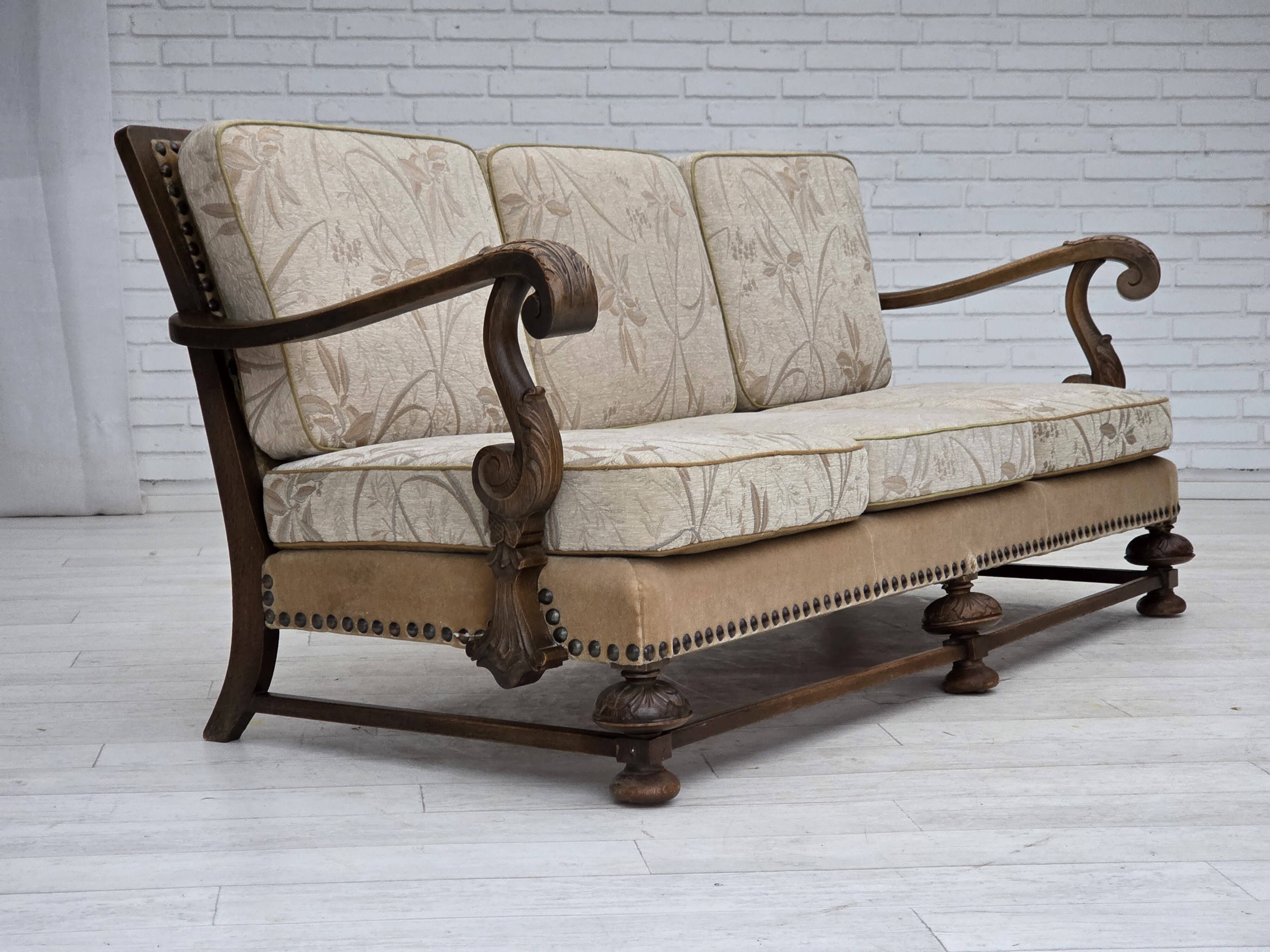 1960s, Danish 3-seater sofa, beige/brown furniture fabric, carved oak wood.