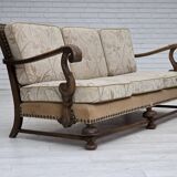 1960s, Danish 3-seater sofa, beige/brown furniture fabric, carved oak wood.