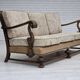 1960s, Danish 3-seater sofa, beige/brown furniture fabric, carved oak wood.