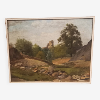 Tableau ancien, huile sur bois, paysage champêtre, petite montagne, rivière et rochers