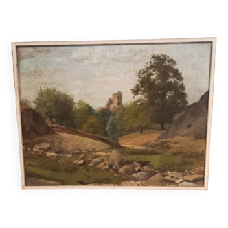 Old painting, oil on wood, rural landscape, small mountain, river and rocks