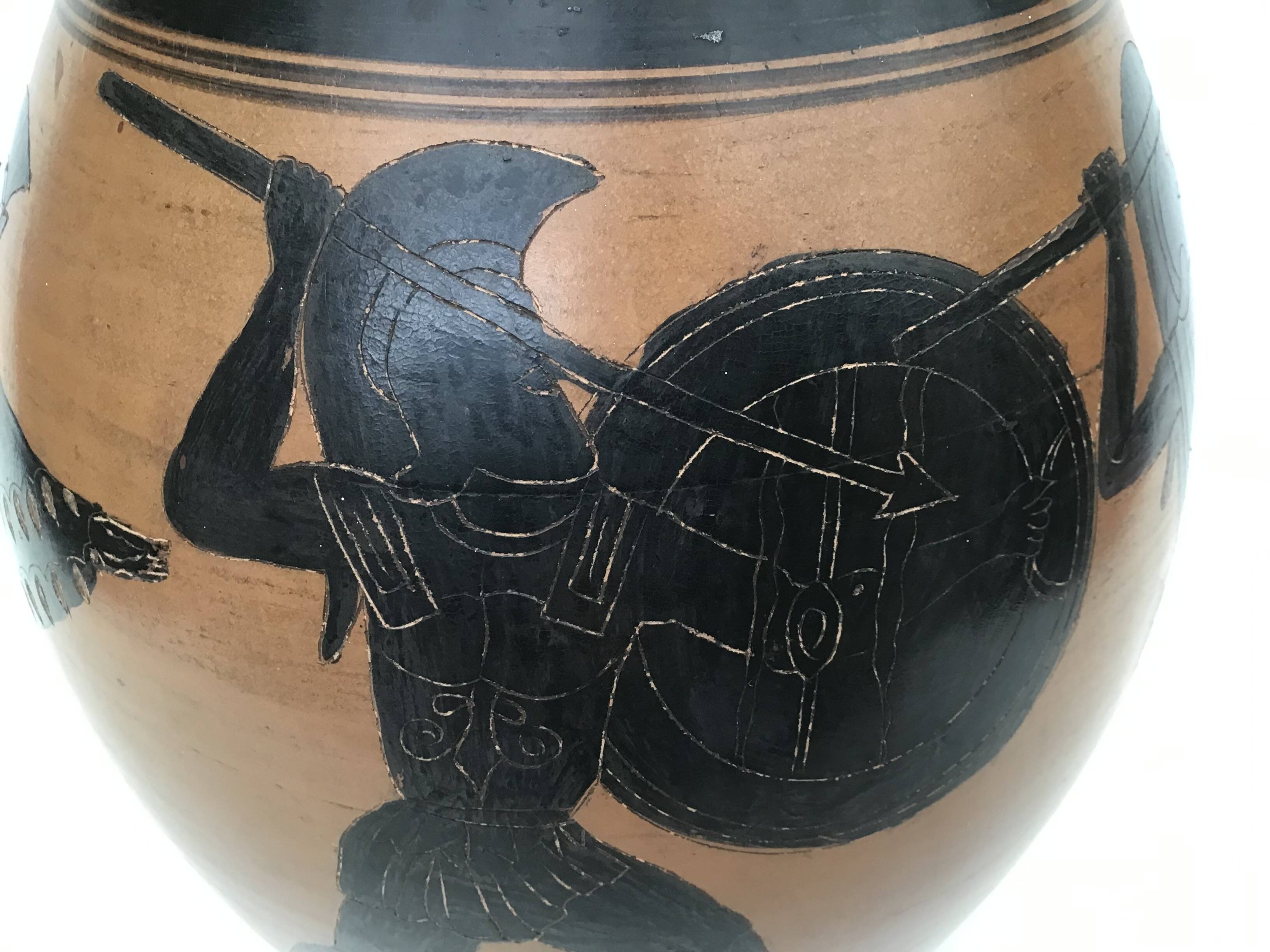 Reproduction of a Greek Attic-style black-figure vase depicting warriors