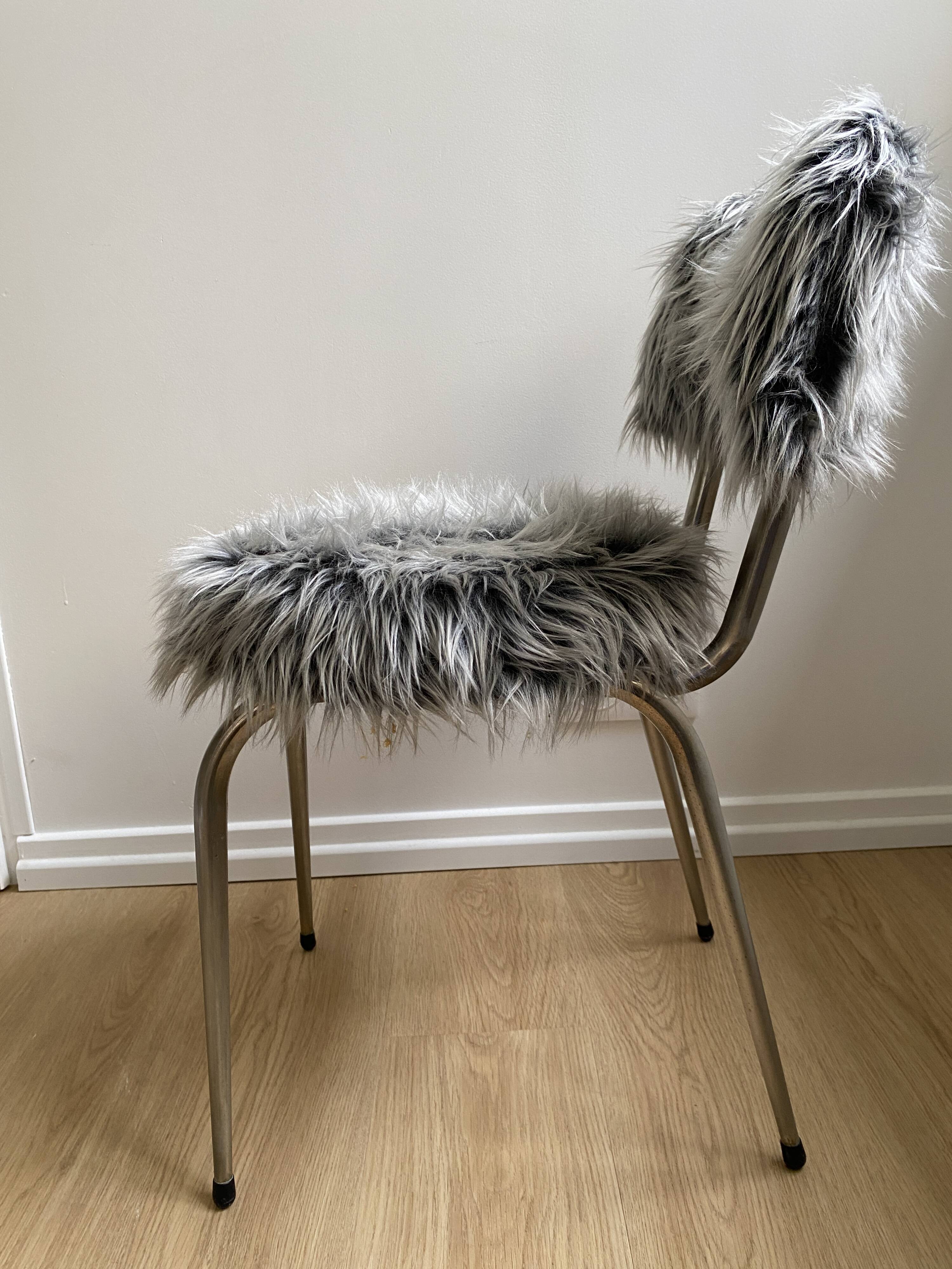Vintage chair, gray long-haired synthetic fur