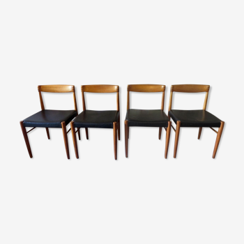 Set of four H. W. Klein inlaid teak and leather chairs 1960