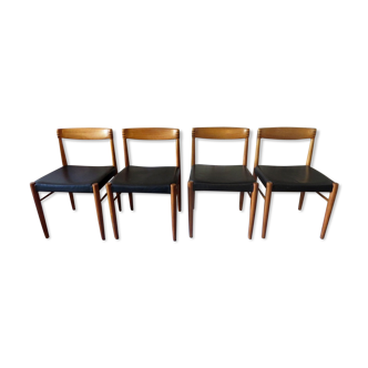 Set of four H. W. Klein inlaid teak and leather chairs 1960
