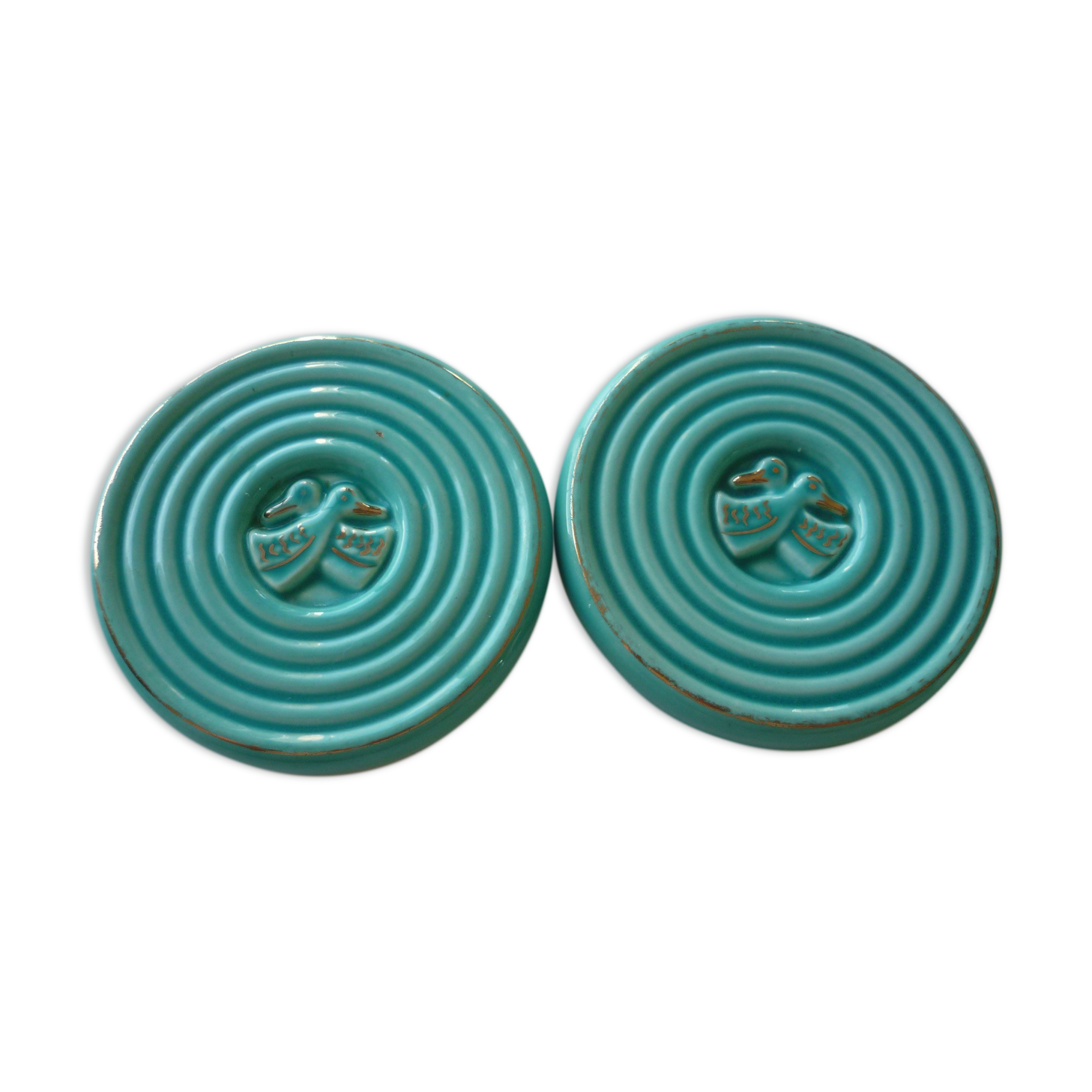 Paire de 2 sous verres/bouteilles en céramique turquoise et or