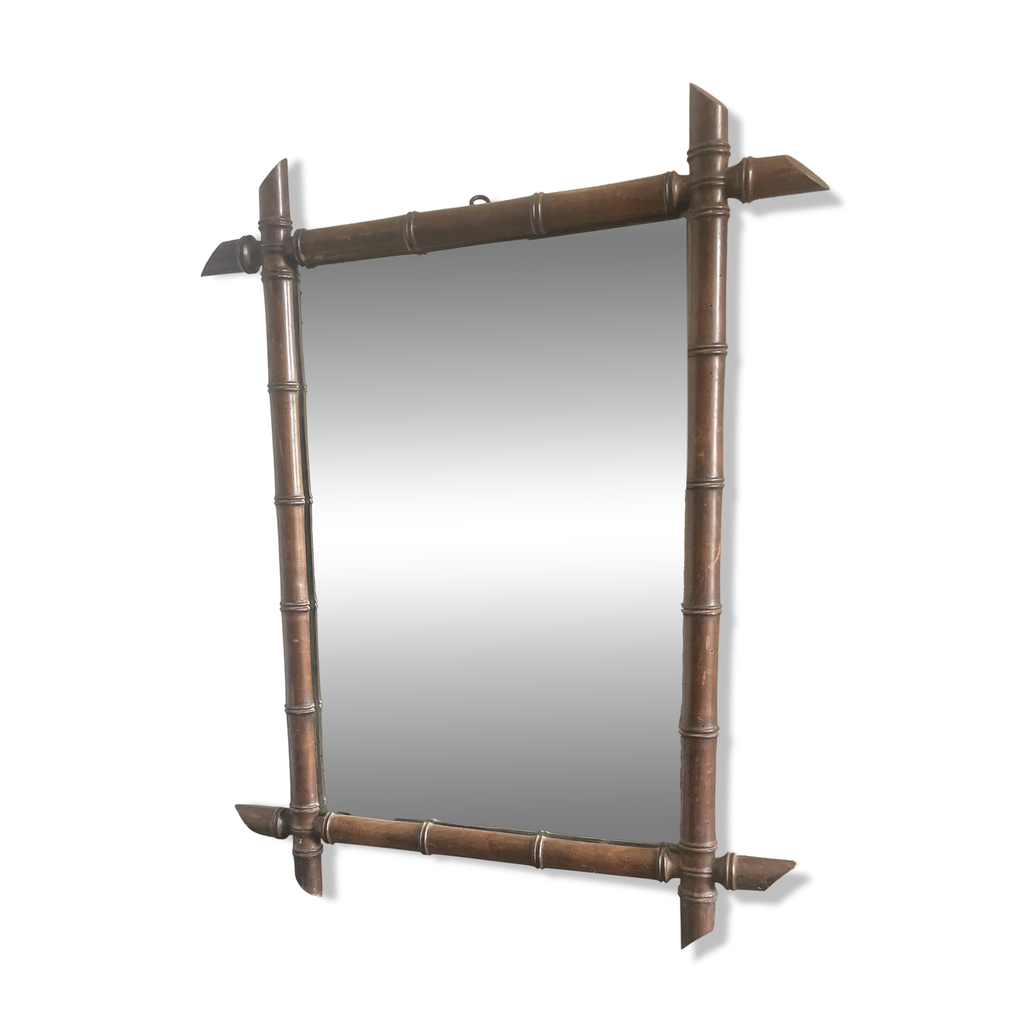 Large barber mirror from the 1940s/50s made of turned wood in a bamboo style.