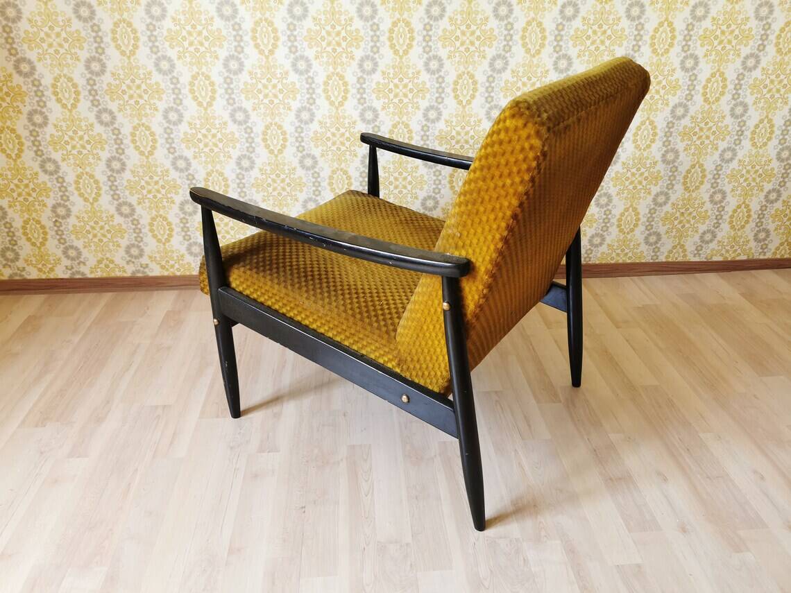 Vintage Yellow Fabric Armchair: Mid-Century Modern Lounge Chair