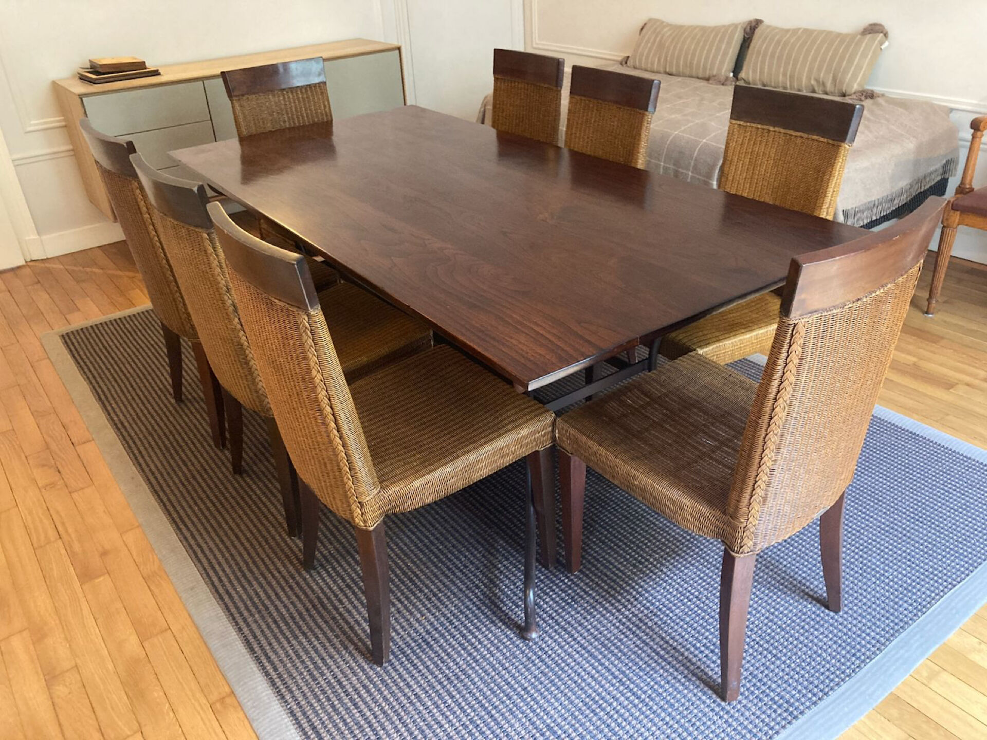 Beautiful teak dining table with 8 chairs.