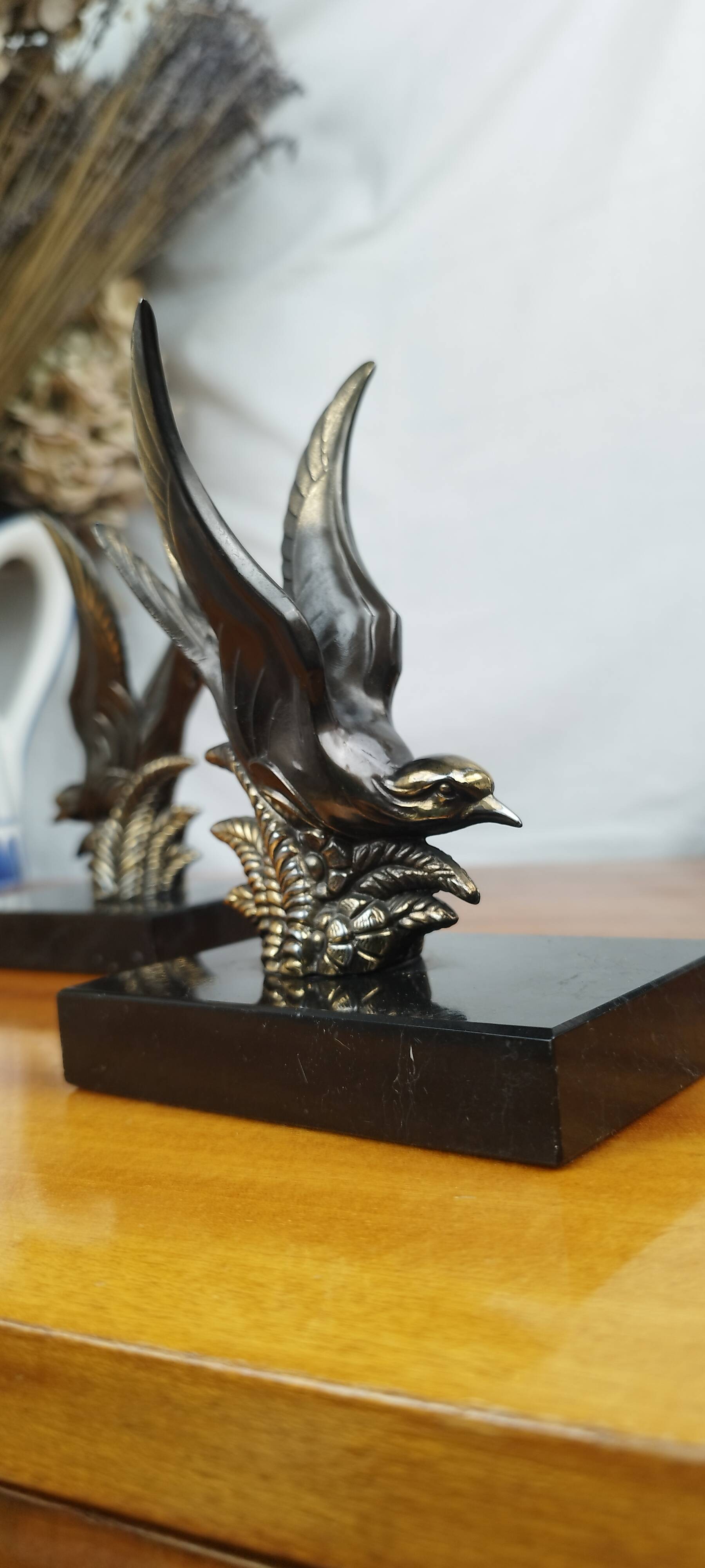 Pair of Art Deco Bookends of Swallows in Flight, Marble & Spelter