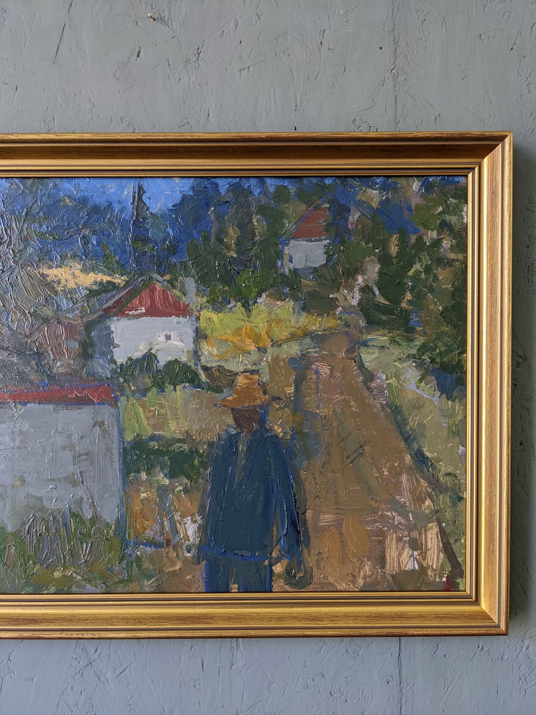 Mid-century modern swedish "forest houses", vintage abstract street scene framed oil painting