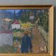 Mid-century modern swedish "forest houses", vintage abstract street scene framed oil painting