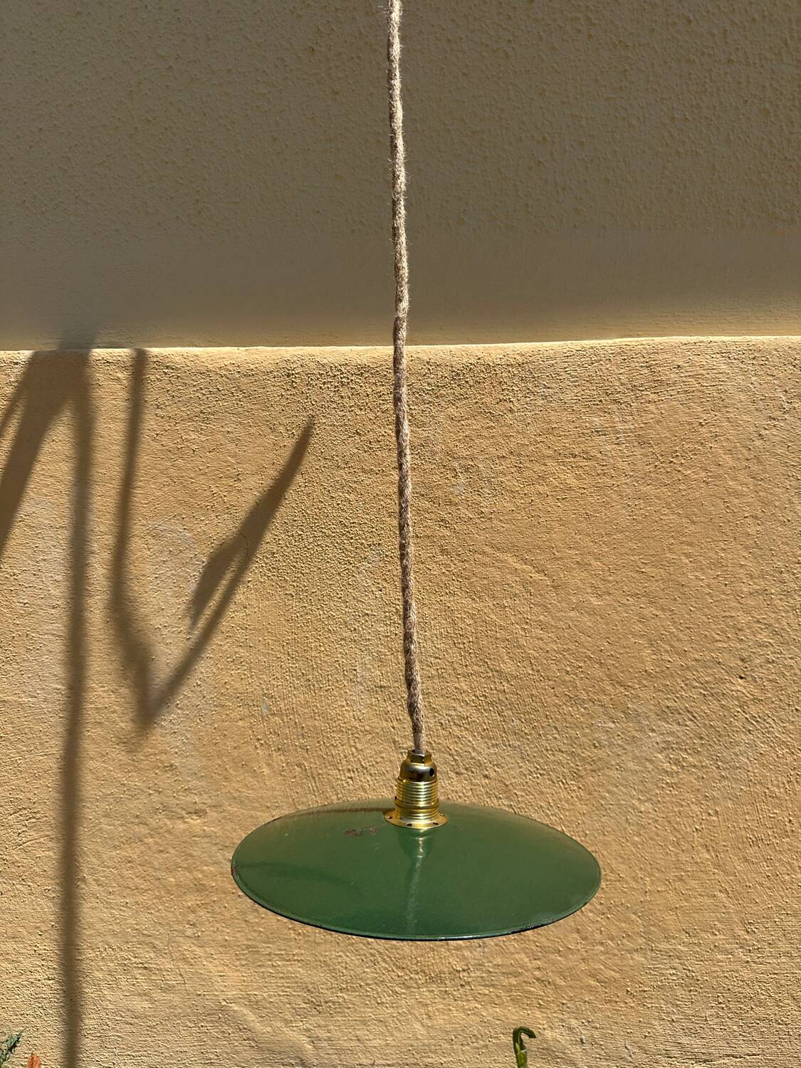 Vintage pendant light with green and white enamelled sheet metal shade