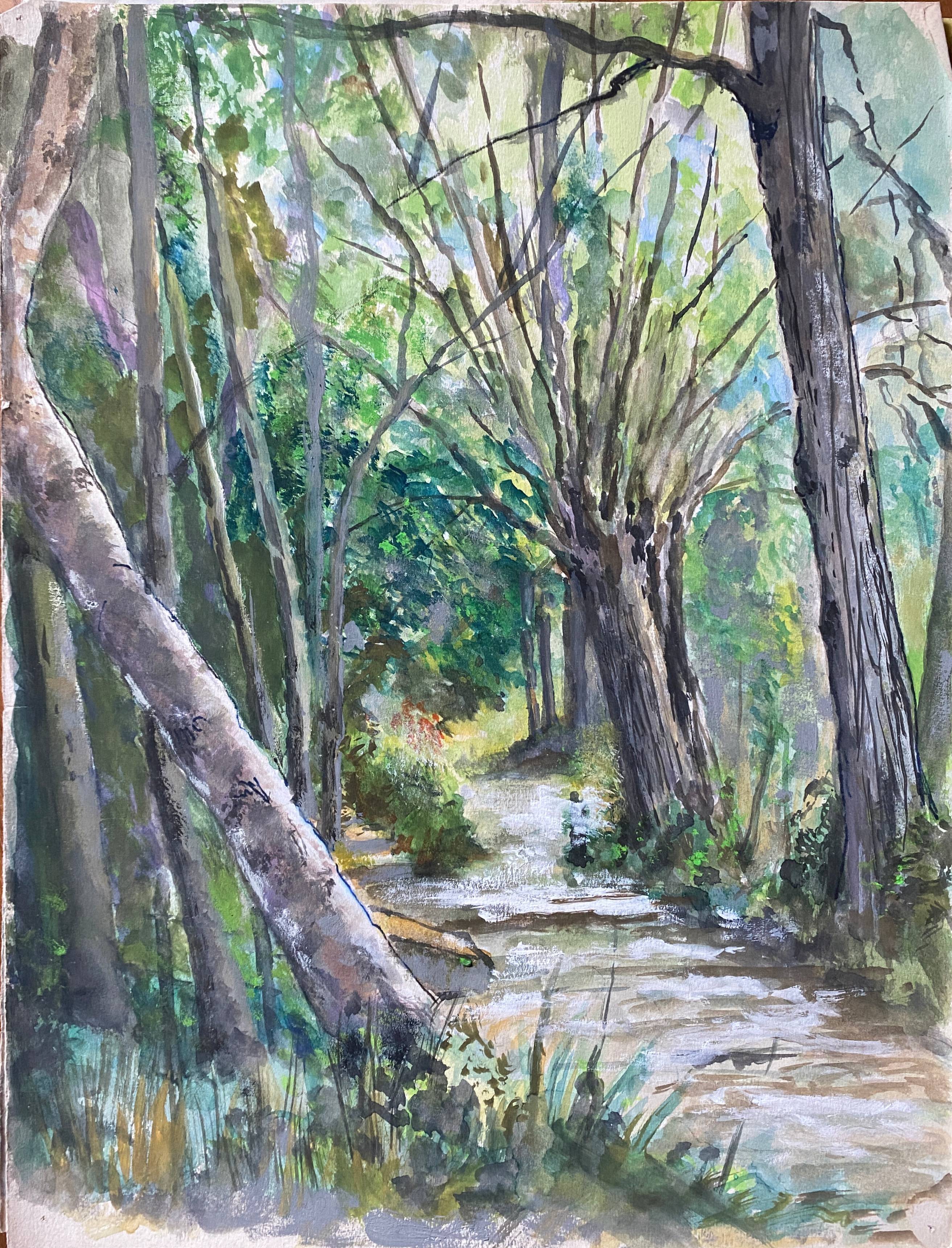 Tableau aquarelle "Sentier en forêt" école du XX° siècle