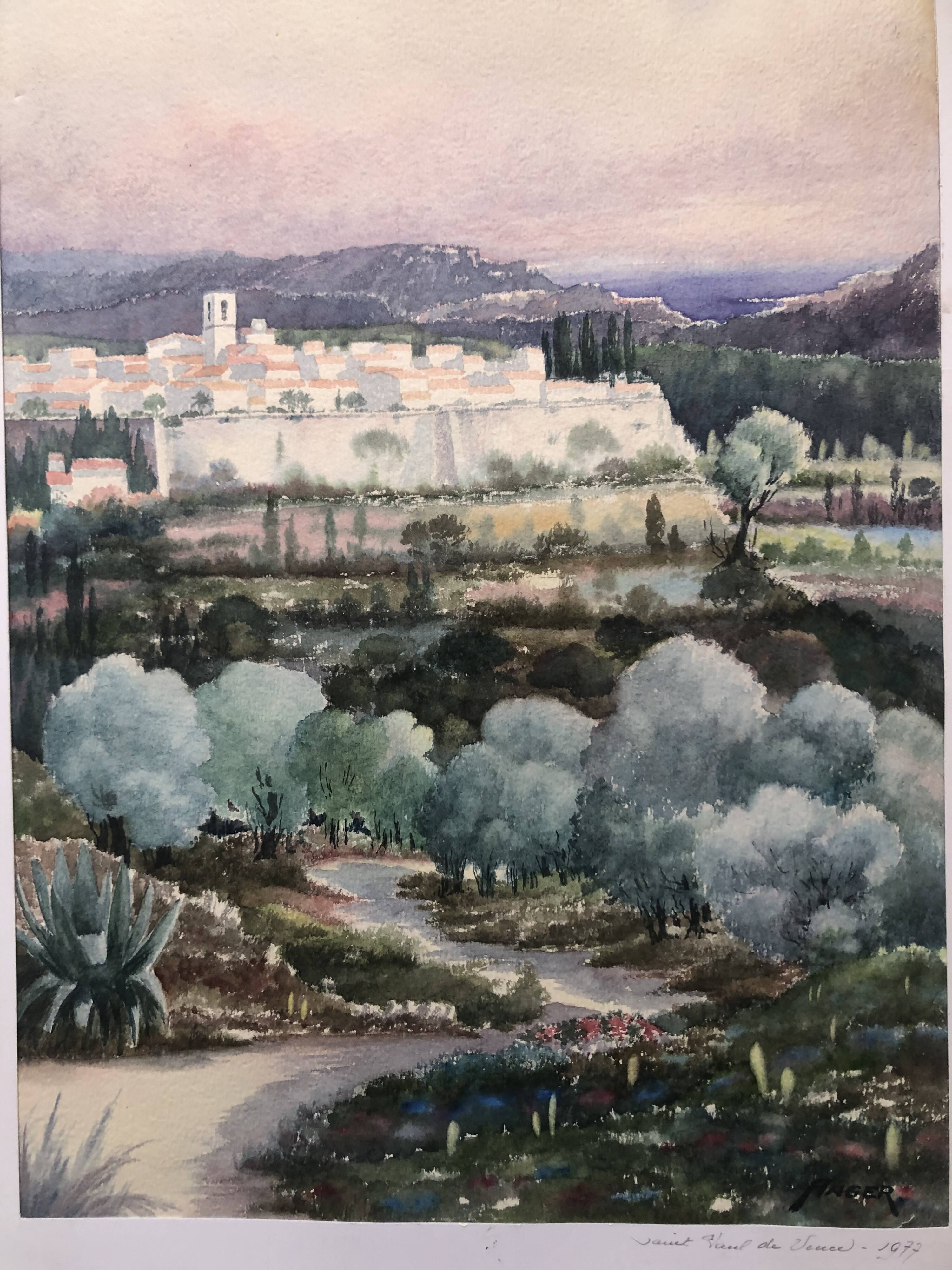 Watercolor saint paul de vence signed jacques anger 1977, provence alpes maritimes 06 impressionism