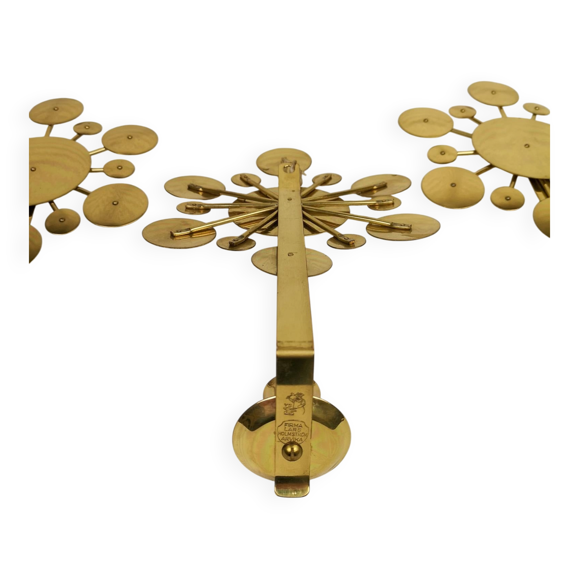 Set of 3 Wall Candle Holders in Brass "Sunburst" Holmström, Arvika, Sweden, 1960s
