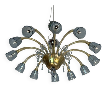 Venetian lustre in two-colour Murano glass, blue and gilded, circa 1990.