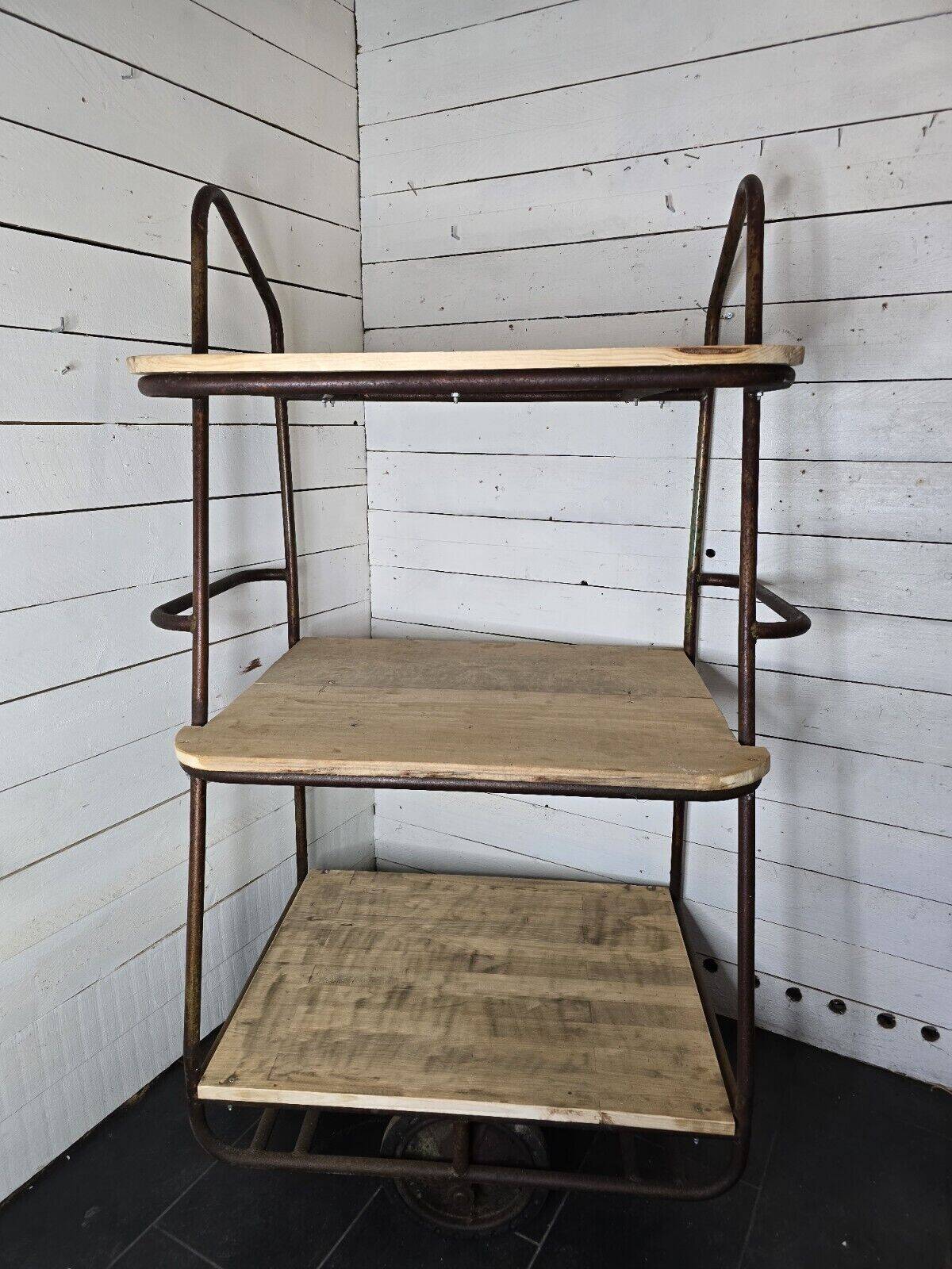 industrial iron and wood trolley shelf