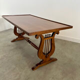 Old rectangular wood coffee table with lyre side posts