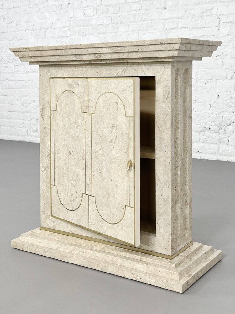 Ensemble console et miroir des années 80 en marqueterie de pierre et laiton