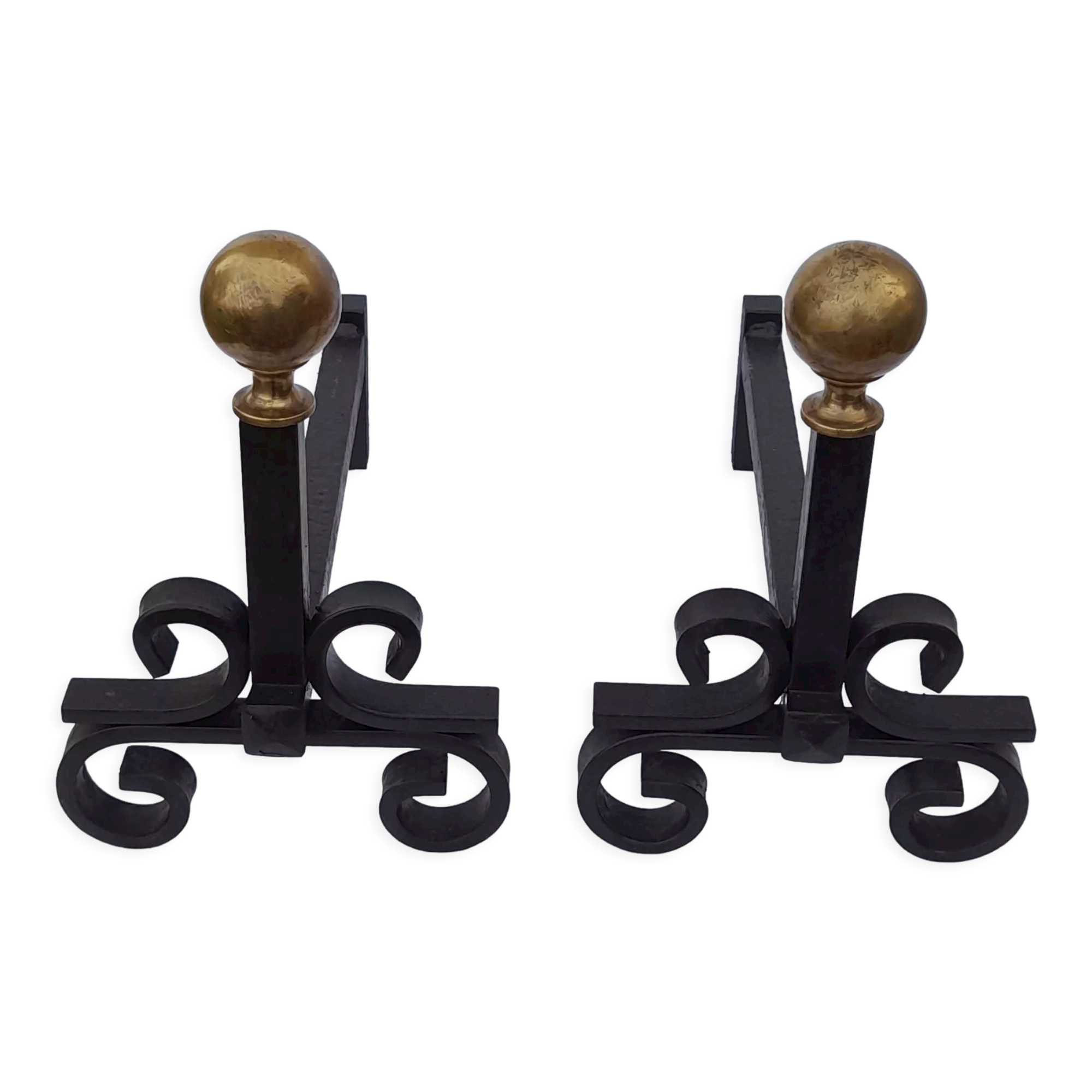Pair of cast iron pegs with 2 balls in gilded metal L 40 cm