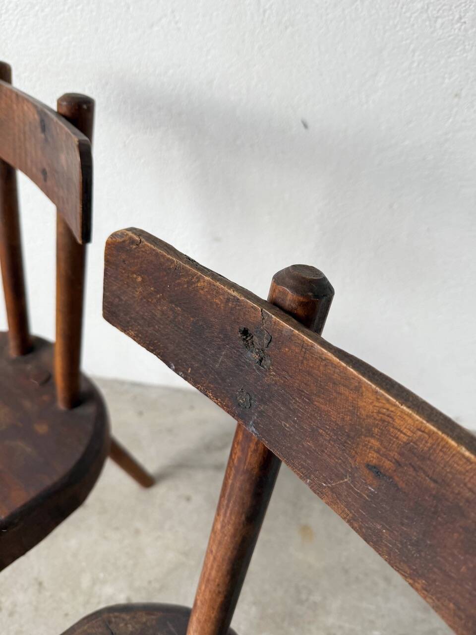Pair of Savoyard tripod chairs, folk art, oak.