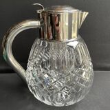 Important jug with ice reserve in cut crystal and silver-plated metal