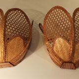 Pair of vintage 1960 wicker wall lamps and cannage half flower shape