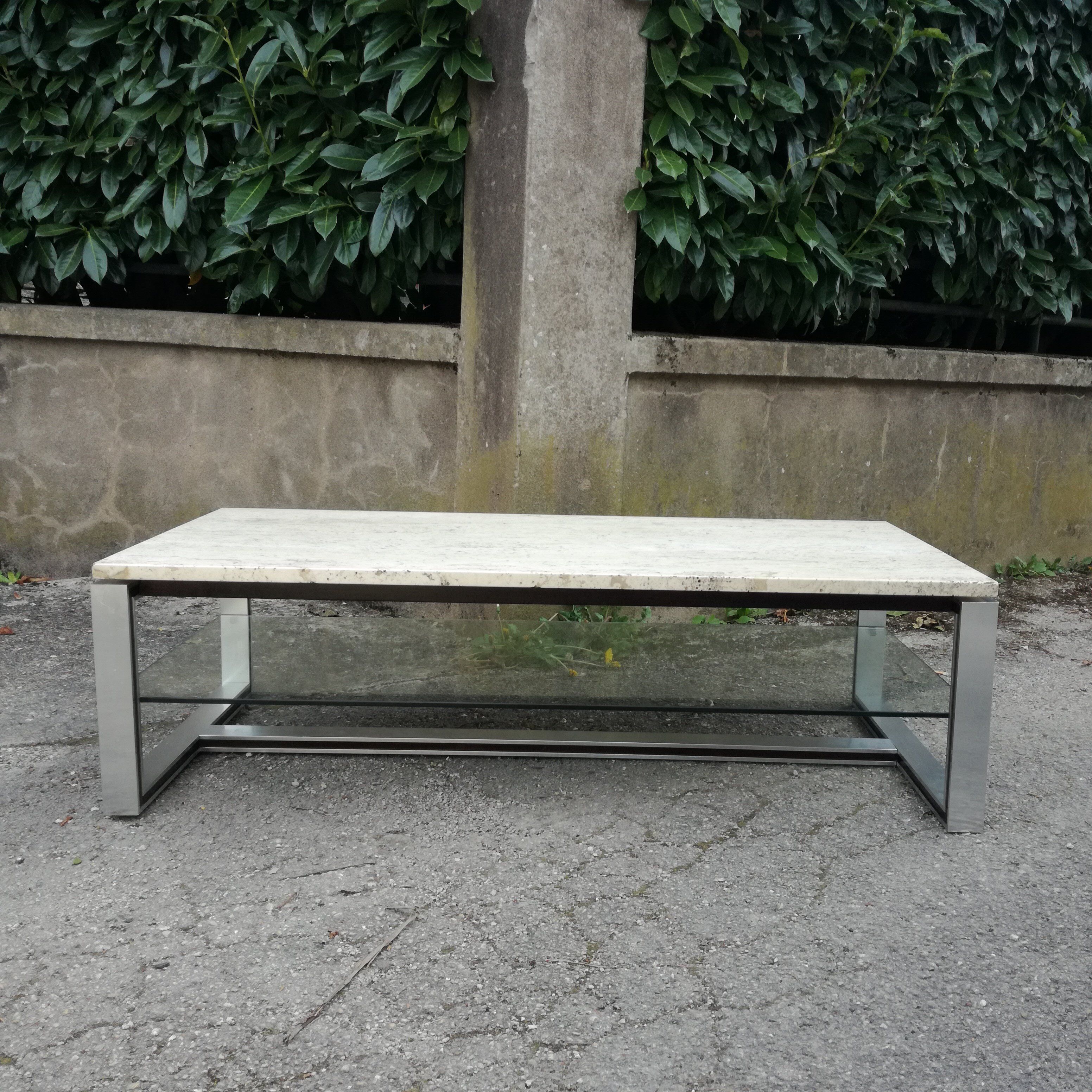 Rectangular coffee table in travertine, glass and aluminium L120