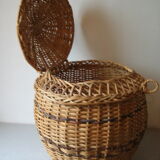 Corbeille à couvercle panier bannette en osier rotin 43 cm