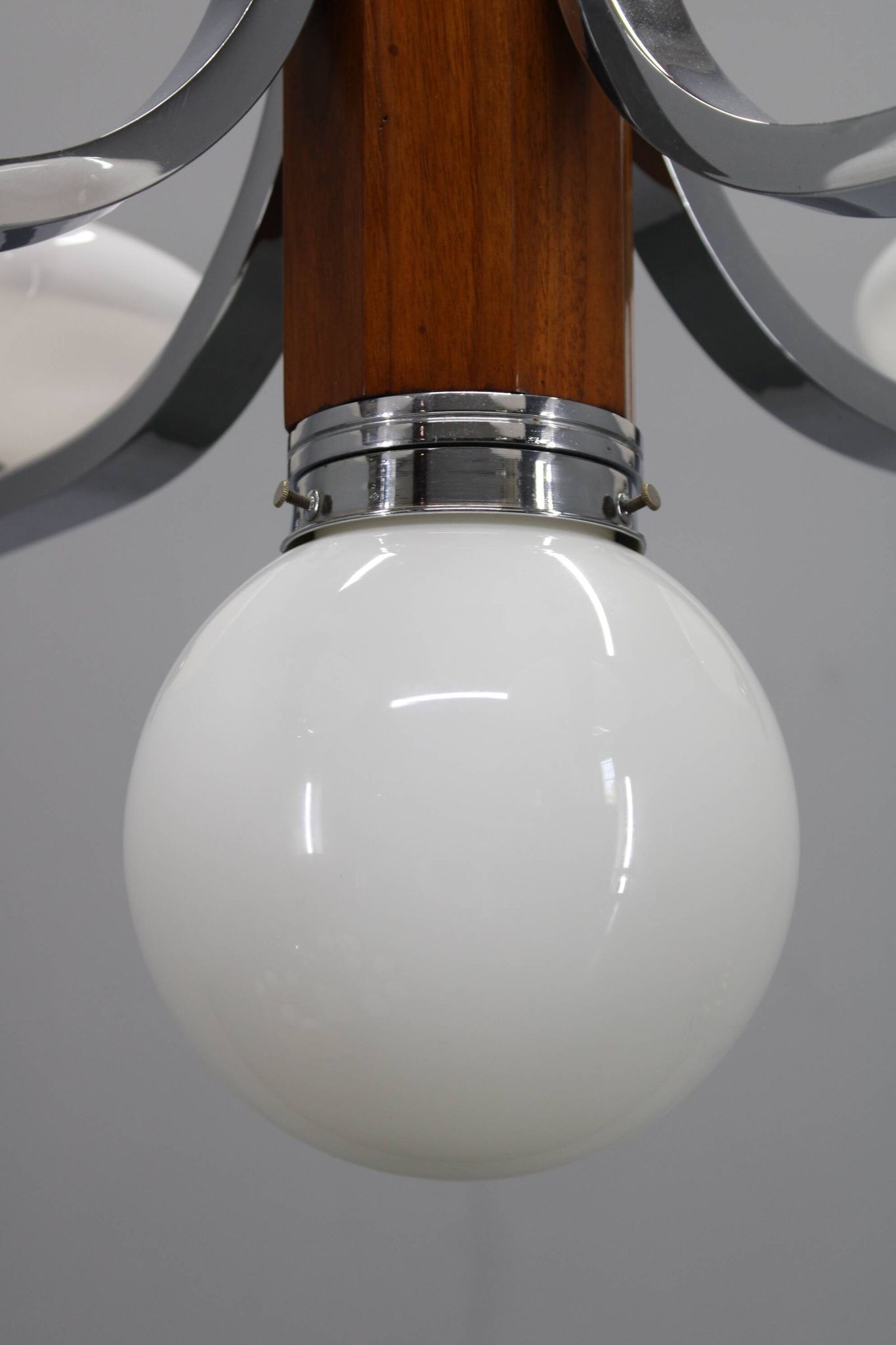 Art Deco chrome and walnut chandelier with milky glass shades, Czechoslovakia, 1