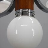 Lustre Art Déco en chrome et noyer avec abat-jour en verre opale, Tchécoslovaquie, 1