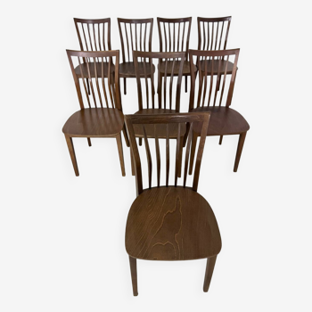 Set of 8 old vintage wooden bistro type chairs from the 70s
