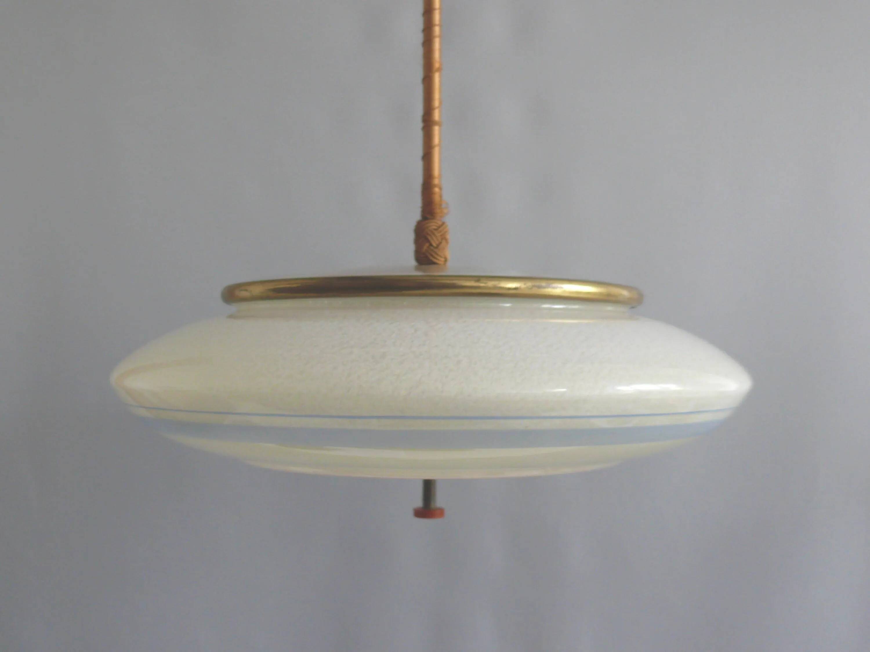 Suspension Art Déco en laiton blanc et verre - années 1930-1950